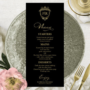 Tarjetas de menú de boda con monograma negro y dor