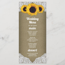 Tarjetas de menú de boda de girasol con arpillera 