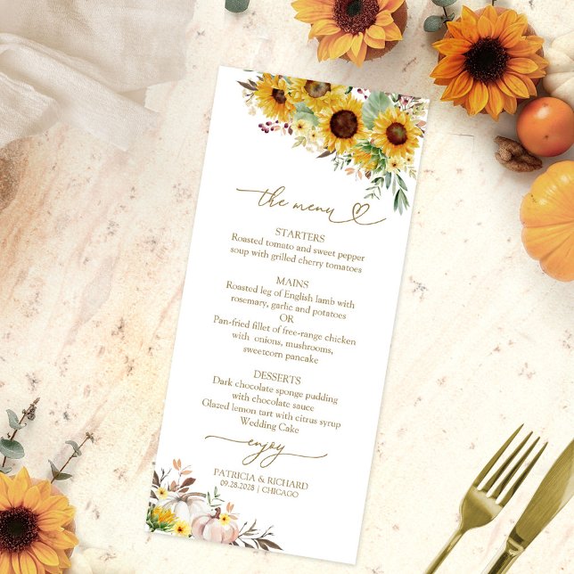Tarjetas de Menú de Boda de Girasol de Otoño (Subido por el creador)