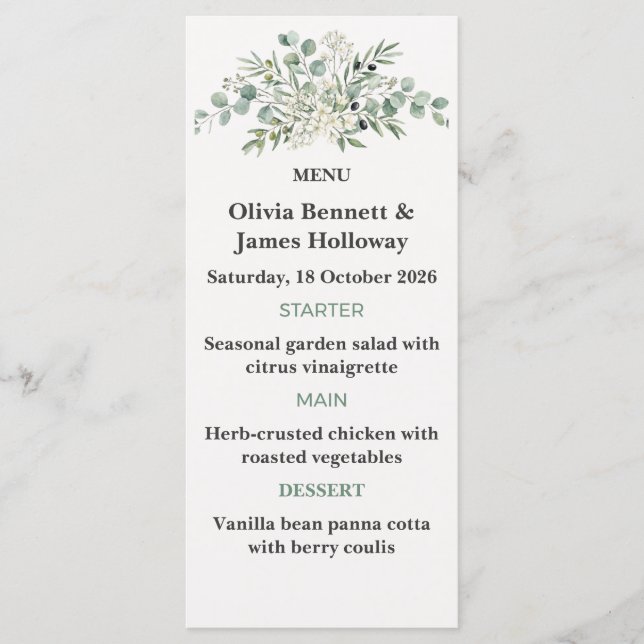 Tarjetas de Menú de Boda de Jardín Botánico (Anverso)