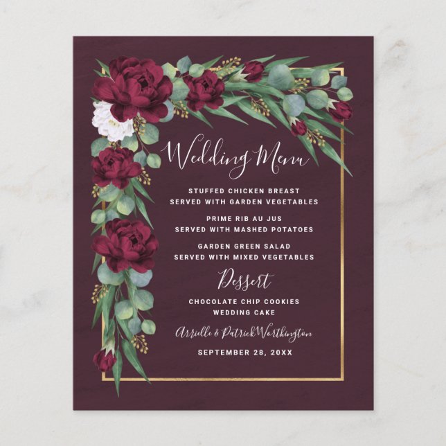 Tarjetas de menú de boda de otoño con flores de Bo (Anverso)