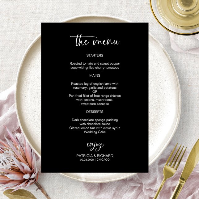 Tarjetas de menú de boda elegantes en blanco y neg (Subido por el creador)
