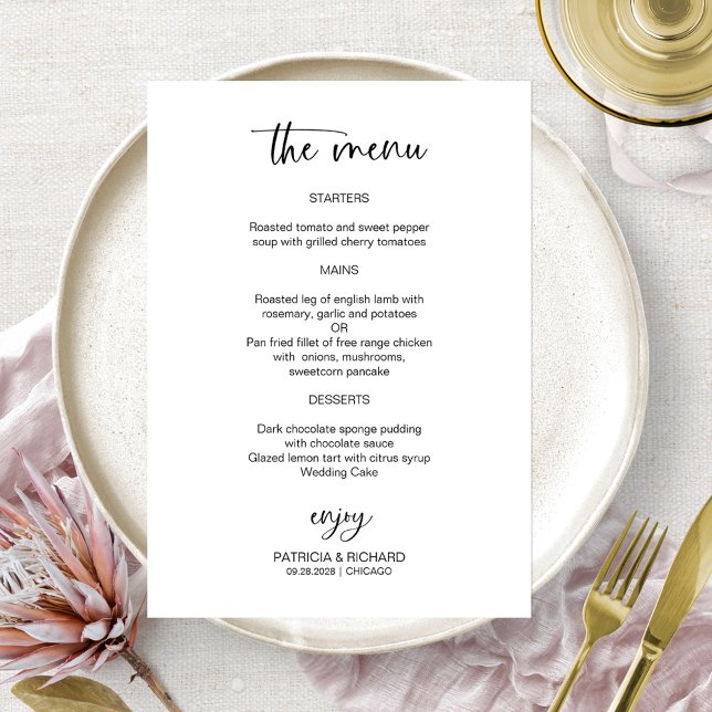 Tarjetas de menú de boda elegantes en blanco y neg (Subido por el creador)