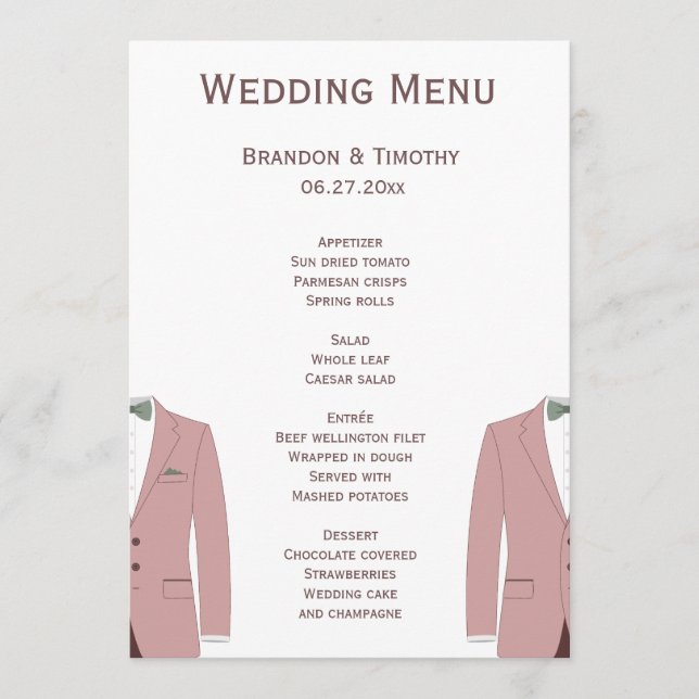 Tarjetas De Menú De Boda Gay Rosado Y Sage (Anverso)