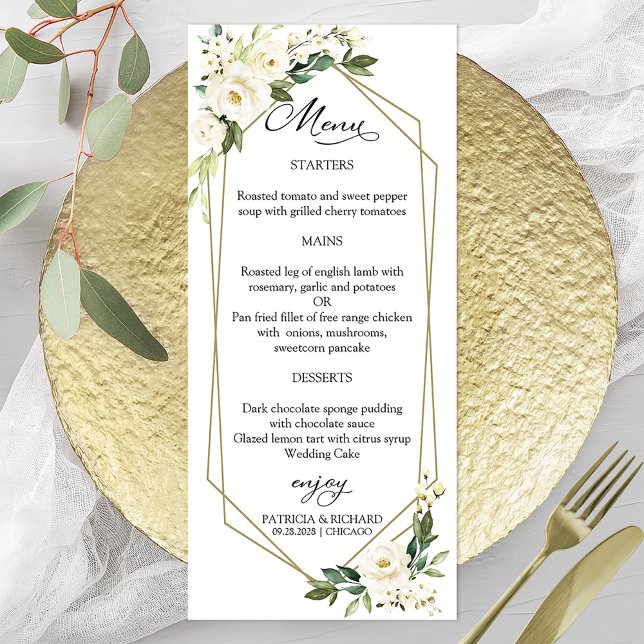 Tarjetas de menú de boda geométricas florales blan (Subido por el creador)
