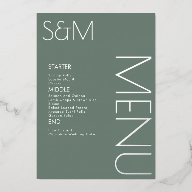 Tarjetas de menú de boda iniciales en negrita y pl (Anverso)