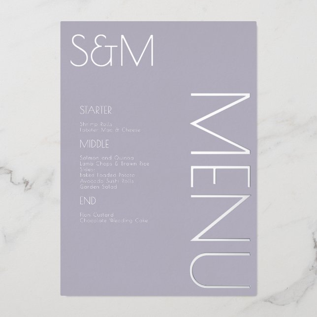 Tarjetas de menú de boda iniciales en plata presio (Anverso)