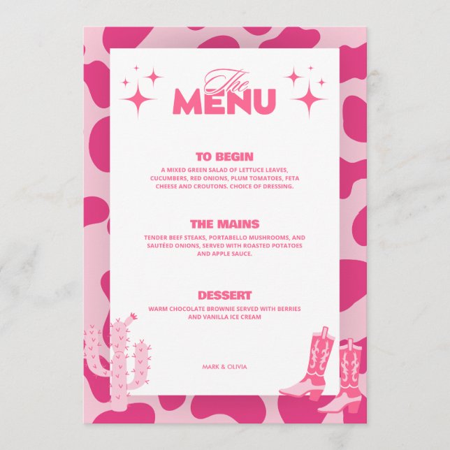 Tarjetas de menú de boda retro Pink Disco Cowgirl (Anverso)