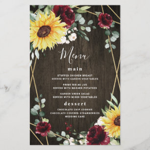 Tarjetas de menú de boda rústica con girasoles de