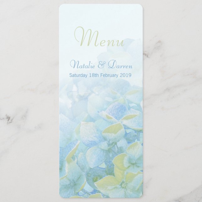 Tarjetas de menú de boda verde azul de Hydrangea (Anverso)
