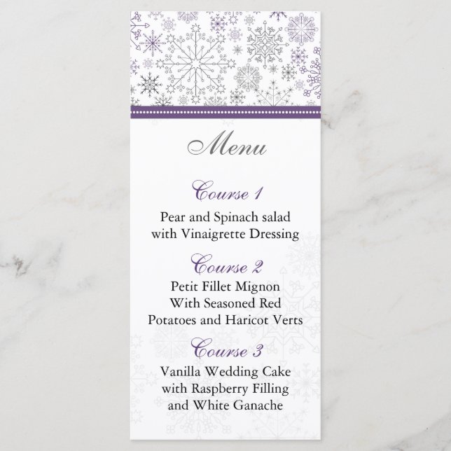 tarjetas de menú de bodas de invierno con copos de (Anverso)
