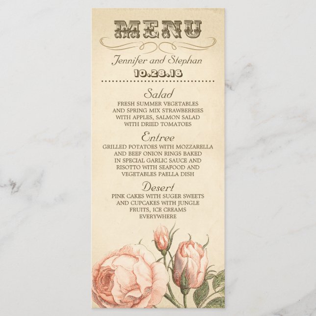 Tarjetas de menú de bodas elegantes de rosa rosa (Anverso)