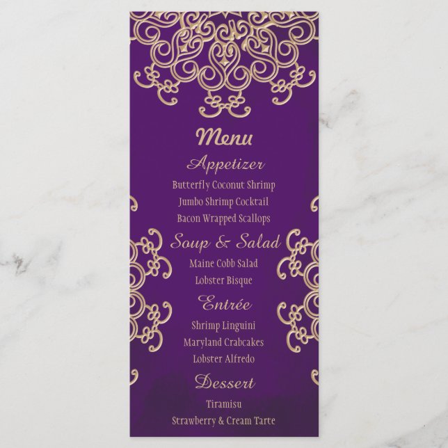 Tarjetas de menú de estilo indio morado y dorado (Anverso)