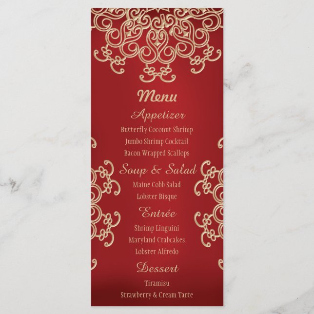 Tarjetas de menú de estilo indio rojo y dorado (Anverso)