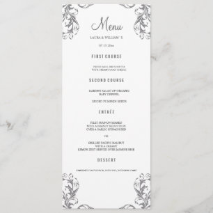 Tarjetas de menú de la cena boda   Gris Damask Sty