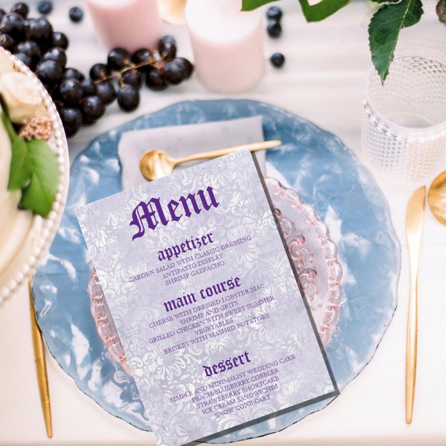 Tarjetas de menú de la mesa Boda púrpura de época  (Subido por el creador)