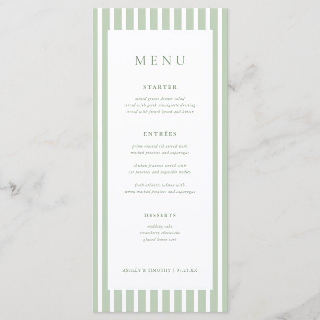 Tarjetas de menú de mesa de boda con rayas verde s (Anverso)