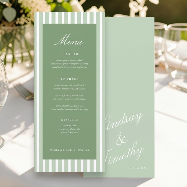 Tarjetas de menú de mesa de boda con rayas verdes  (Subido por el creador)