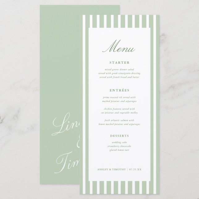 Tarjetas de menú de mesa de boda de rayas verde sa (Anverso / Reverso)