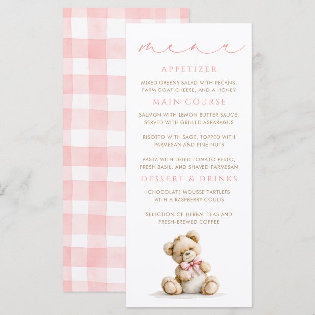 Tarjetas de menú de osito de peluche con estampado (Anverso / Reverso)