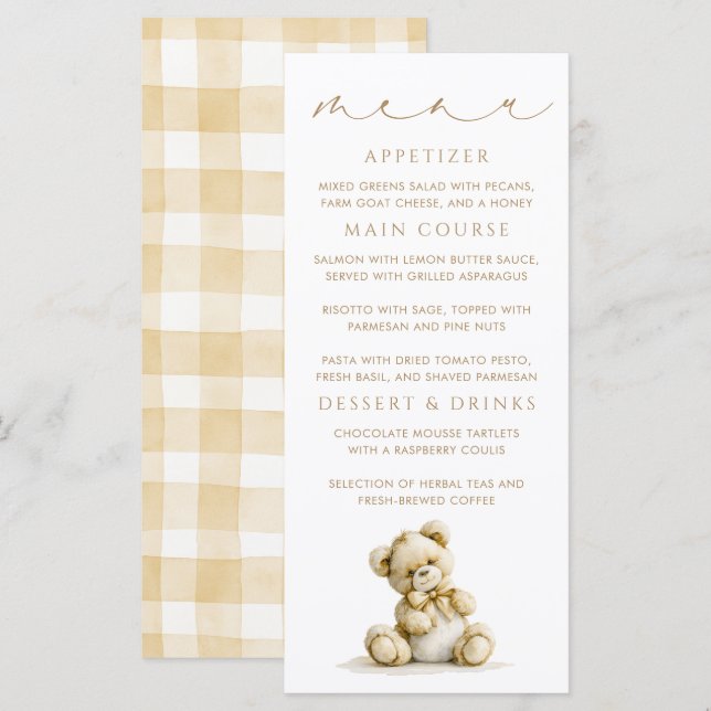 Tarjetas de menú de patrón de gingham marrón de os (Anverso / Reverso)