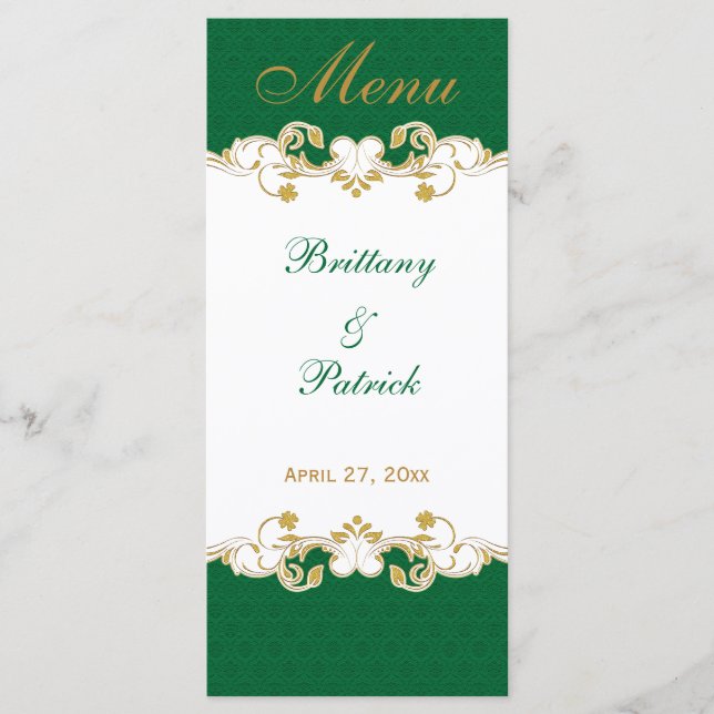 Tarjetas de menú de pergaminos verdes blancos y do (Anverso)