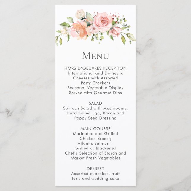 Tarjetas de menú de ramo floral blanco rosa meloco (Anverso)