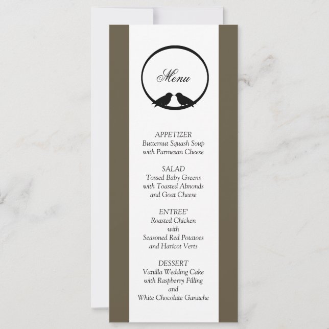 Tarjetas de menú de recepción de boda de Lovebirds (Anverso)