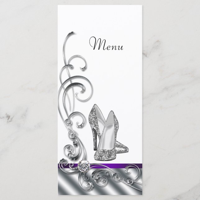 Tarjetas de menú de zapatos de tacón alto morados (Anverso)