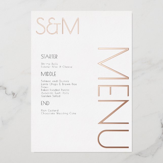 Tarjetas de menú del día de la boda inicial en neg (Anverso)