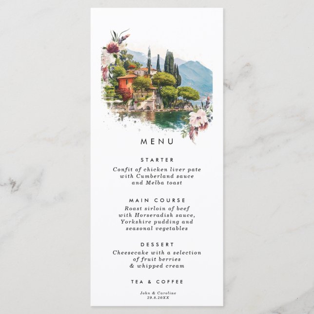 Tarjetas de menú floral boda del lago Como Italia (Anverso)