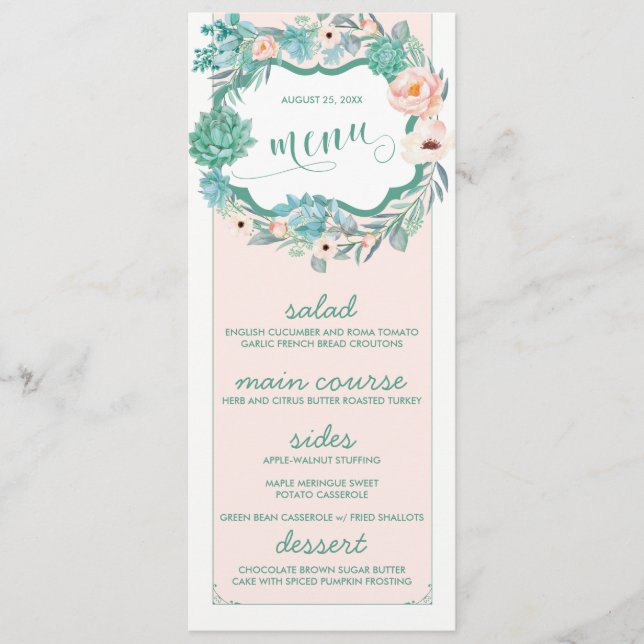Tarjetas de menú Floral Succulent & Rubor Boda (Anverso)