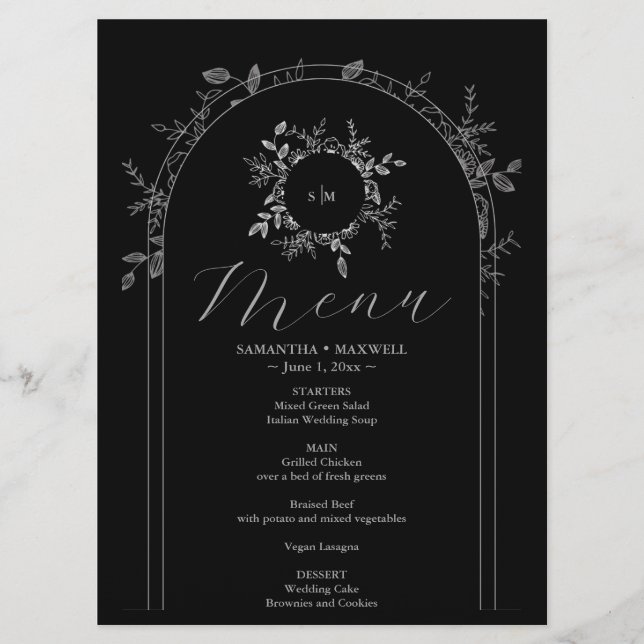 Tarjetas de menú impresas negras elegantes de lujo (Anverso)