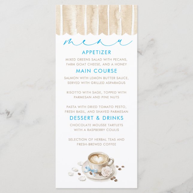 Tarjetas de menú para baby shower con tema de café (Anverso)