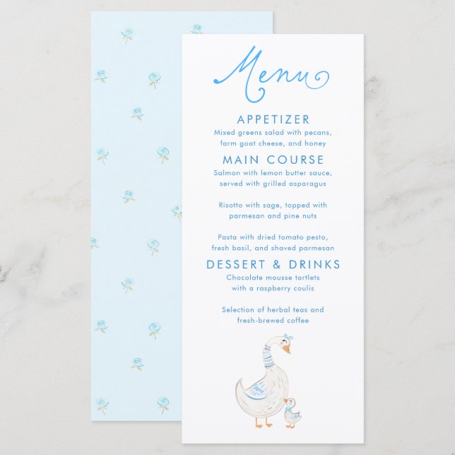 Tarjetas de menú para baby shower con tema de gans (Anverso / Reverso)