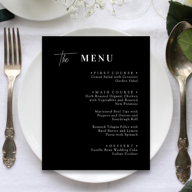 Tarjetas de menú para cena de boda en blanco y neg (Black and white wedding dinner menu cards add timeless elegance and guide guests through your meal.)