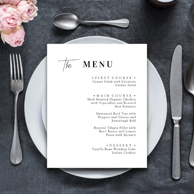 Tarjetas de menú para cena de boda en blanco y neg (Black and white wedding dinner menu cards add timeless elegance and guide guests through your meal.)