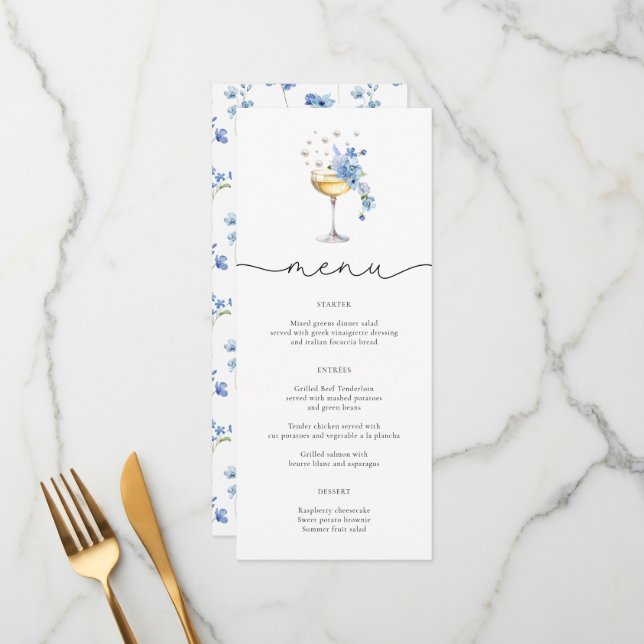 Tarjetas de menú Perlas y Flor silvestre Prosecco (Anverso/Reverso In Situ)