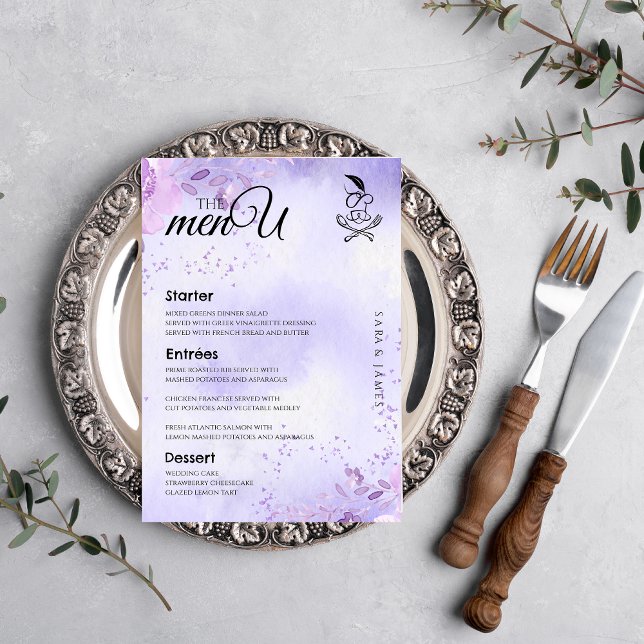 Tarjetas de menú Purple Elegant Wedding Table (Subido por el creador)