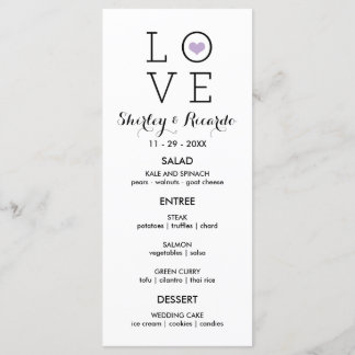 Tarjetas de menú Purple Simple Love Boda
