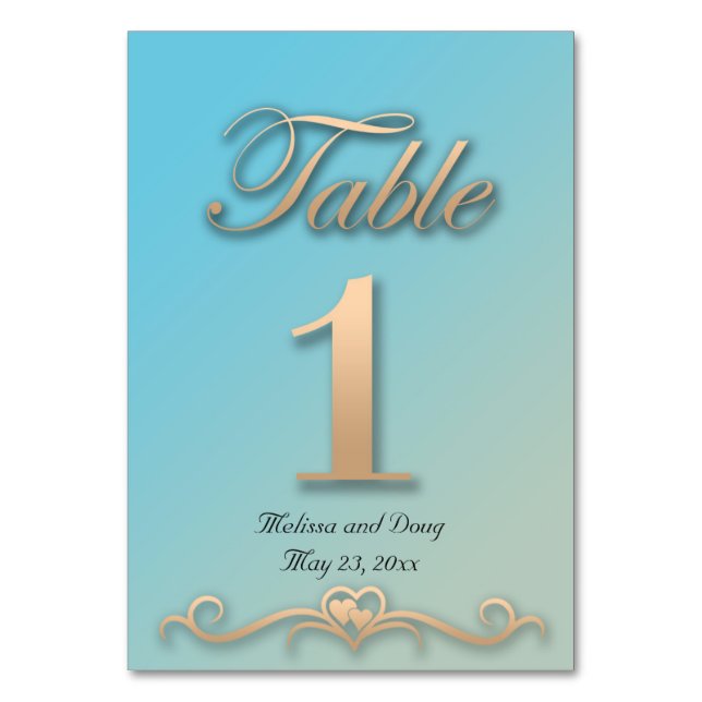 Tarjetas de mesa Boda Aquamarine y Peach (Anverso)