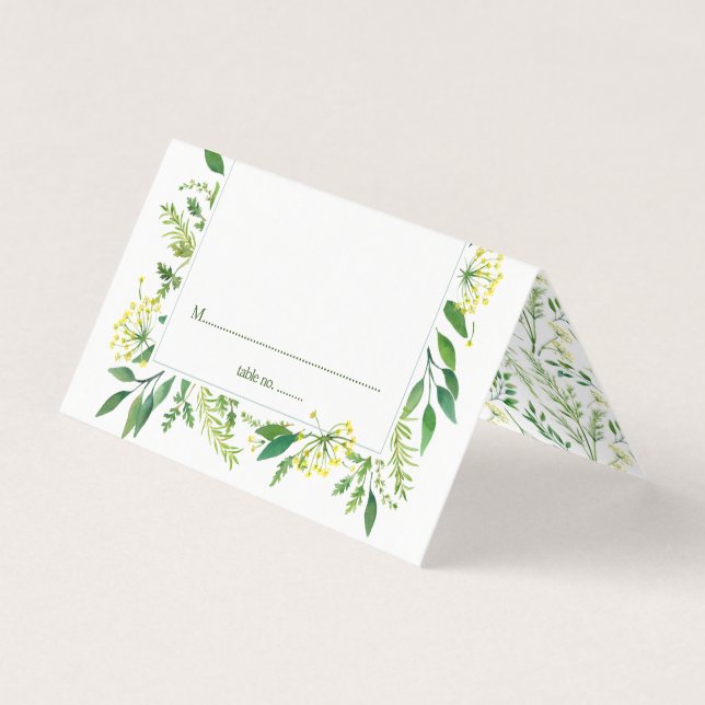Tarjetas de mesa Boda de hierbas botánicas verdes  (Anverso)