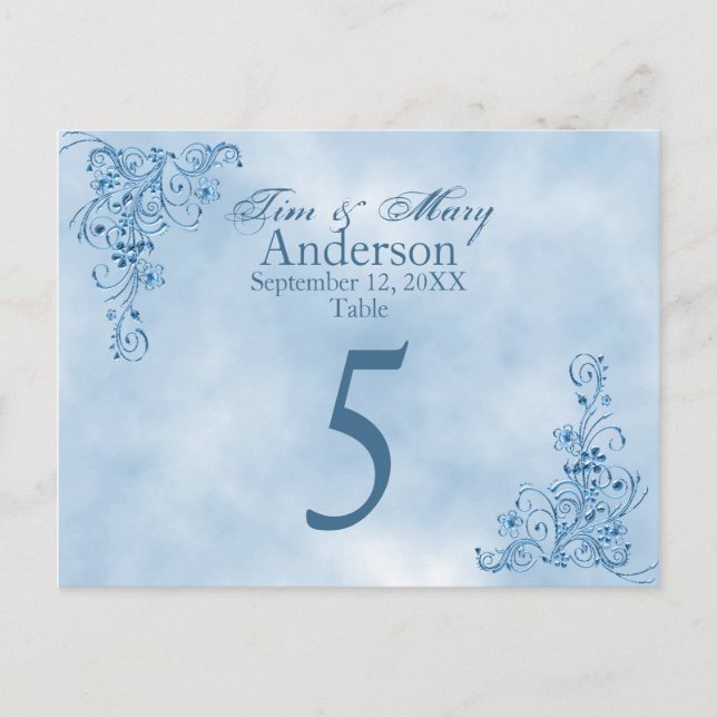 Tarjetas de mesa boda: Elegancia azul cielo (Anverso)