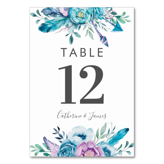 Tarjetas de mesa Boda floral Purple Blue Boho (Anverso)