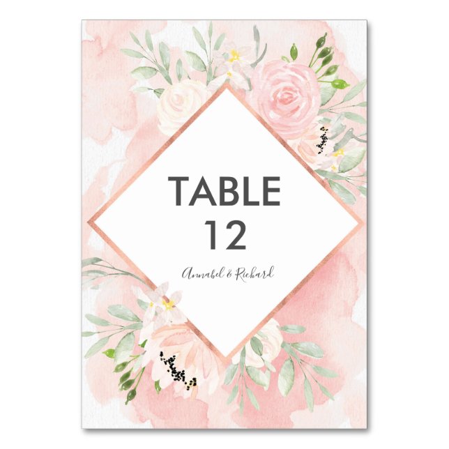 Tarjetas de mesa Boda floral rosa Rubor (Anverso)