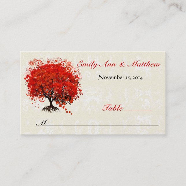 Tarjetas de mesa de árbol de hoja con corazón rojo (Anverso)