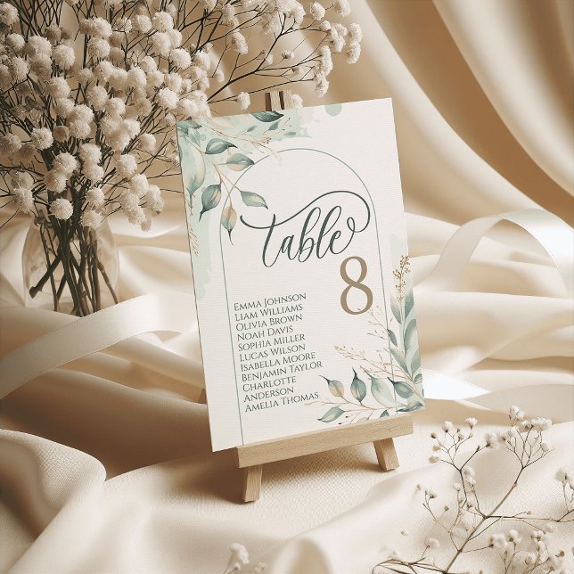 Tarjetas de mesa de boda con acuarela de vegetació (Greenery Watercolor Wedding Table Cards Seating)