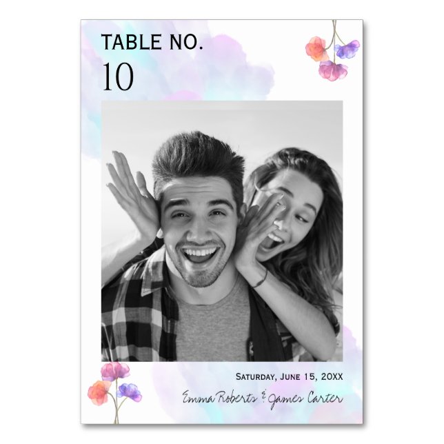 Tarjetas de mesa de boda con acuarela rosa azul (Anverso)