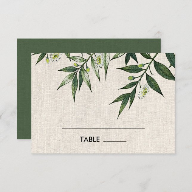 Tarjetas de mesa de Boda de Burlap Botánico Verde (Anverso / Reverso)