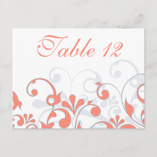 Tarjetas de mesa de Boda de coral, gris y blanco